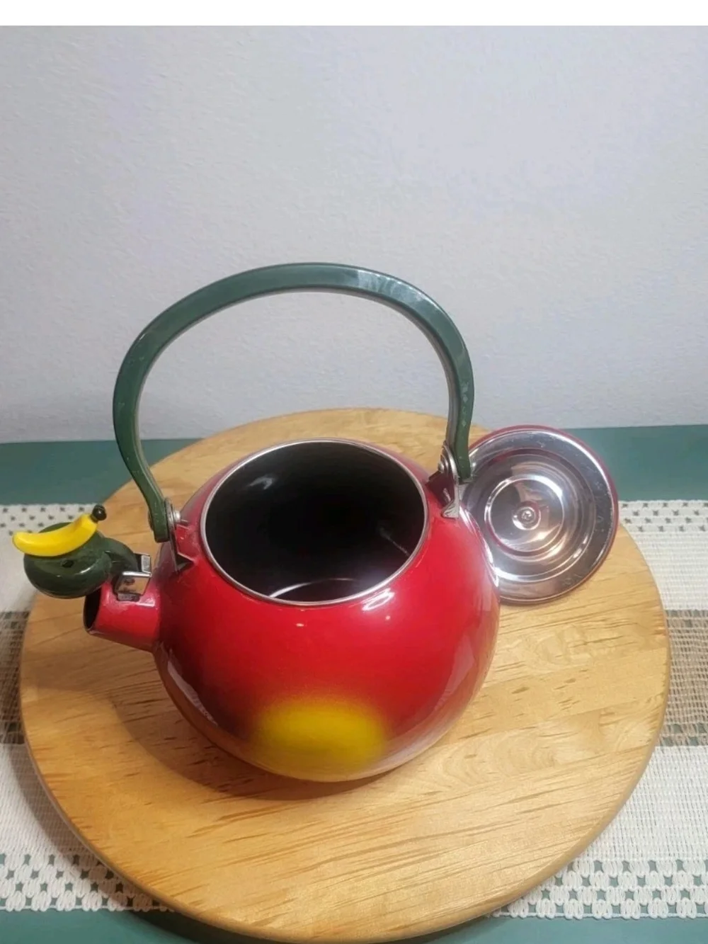 Decorative Red and Yellow Apple Whistling Tea Kettle with Green Handle